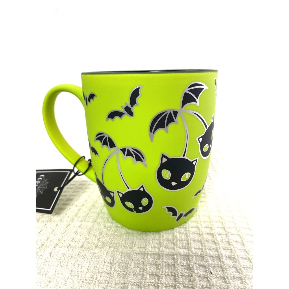 Cobwebs & Cauldrons Halloween Coffee Mug Apple Green Soft Touch Cherry Cats Bats